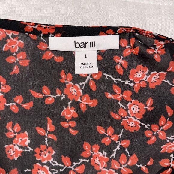 bar III L Black Red White Floral Long Sleeve Tie Front Peplum Ruffle Blouse - Picture 12 of 12